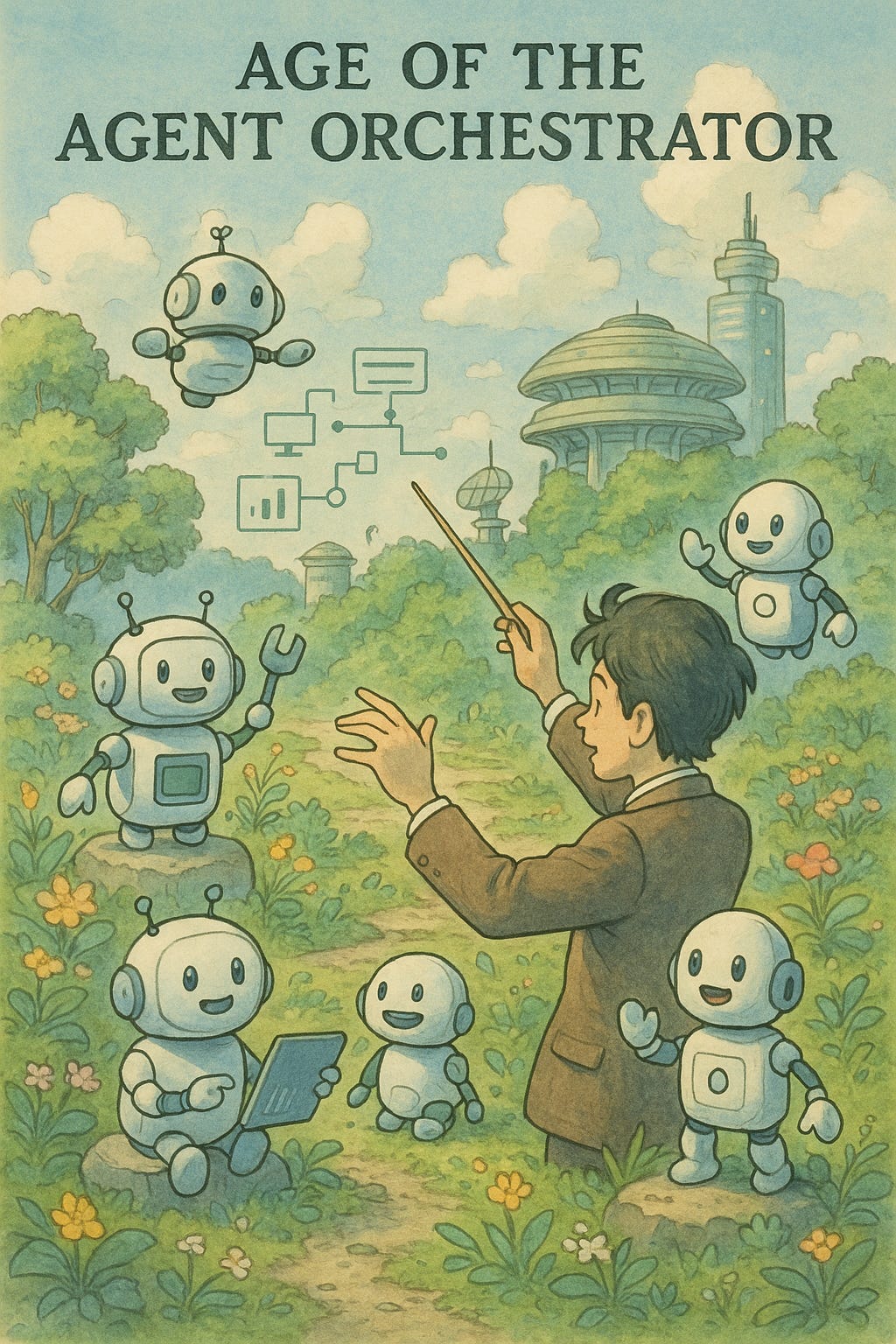 Ghibli-inspired illustration of the Age of the Agent Orchestrator with AI agents and human orchestration