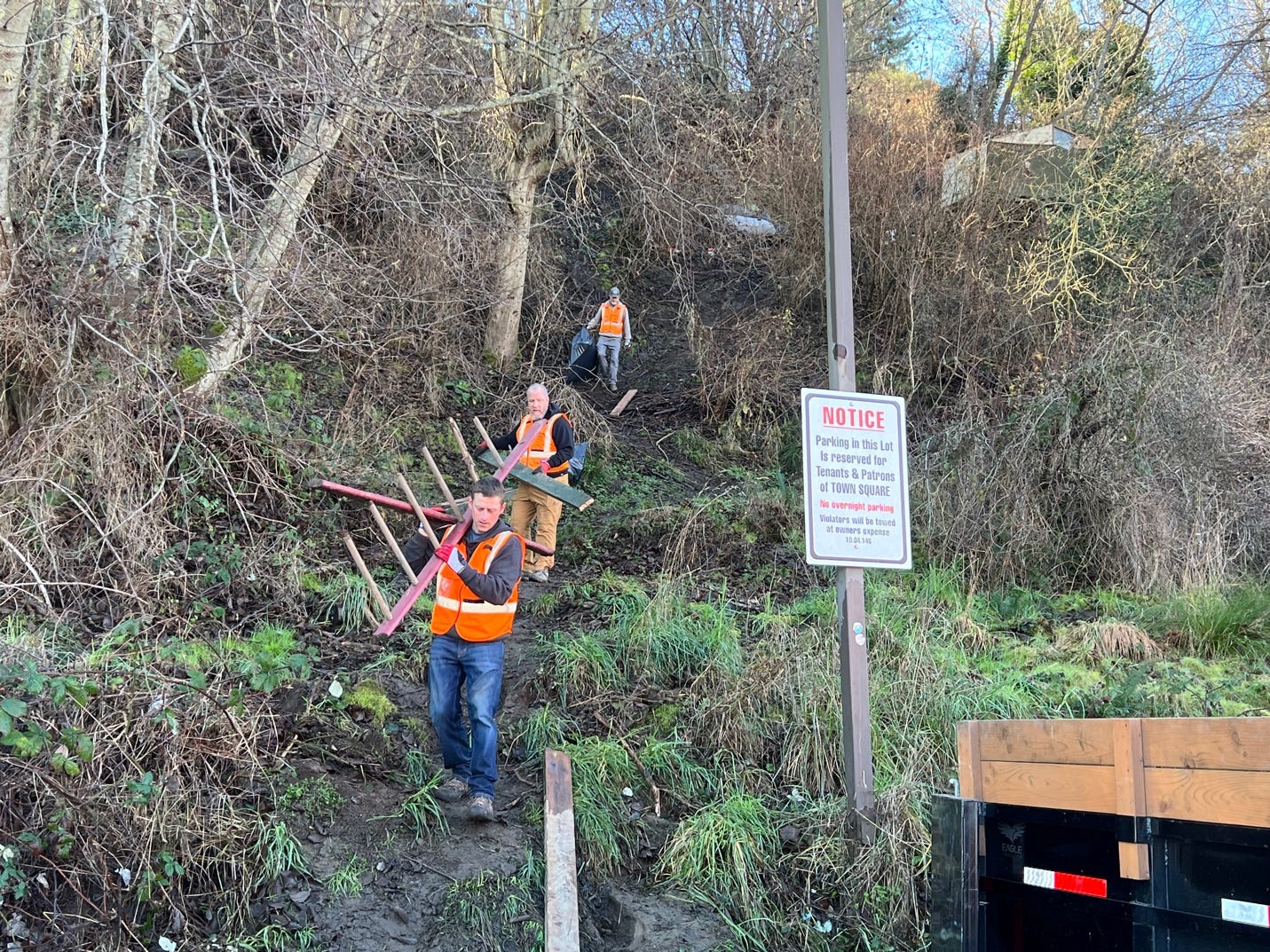 A group of men carrying ladders on a hill

Description automatically generated