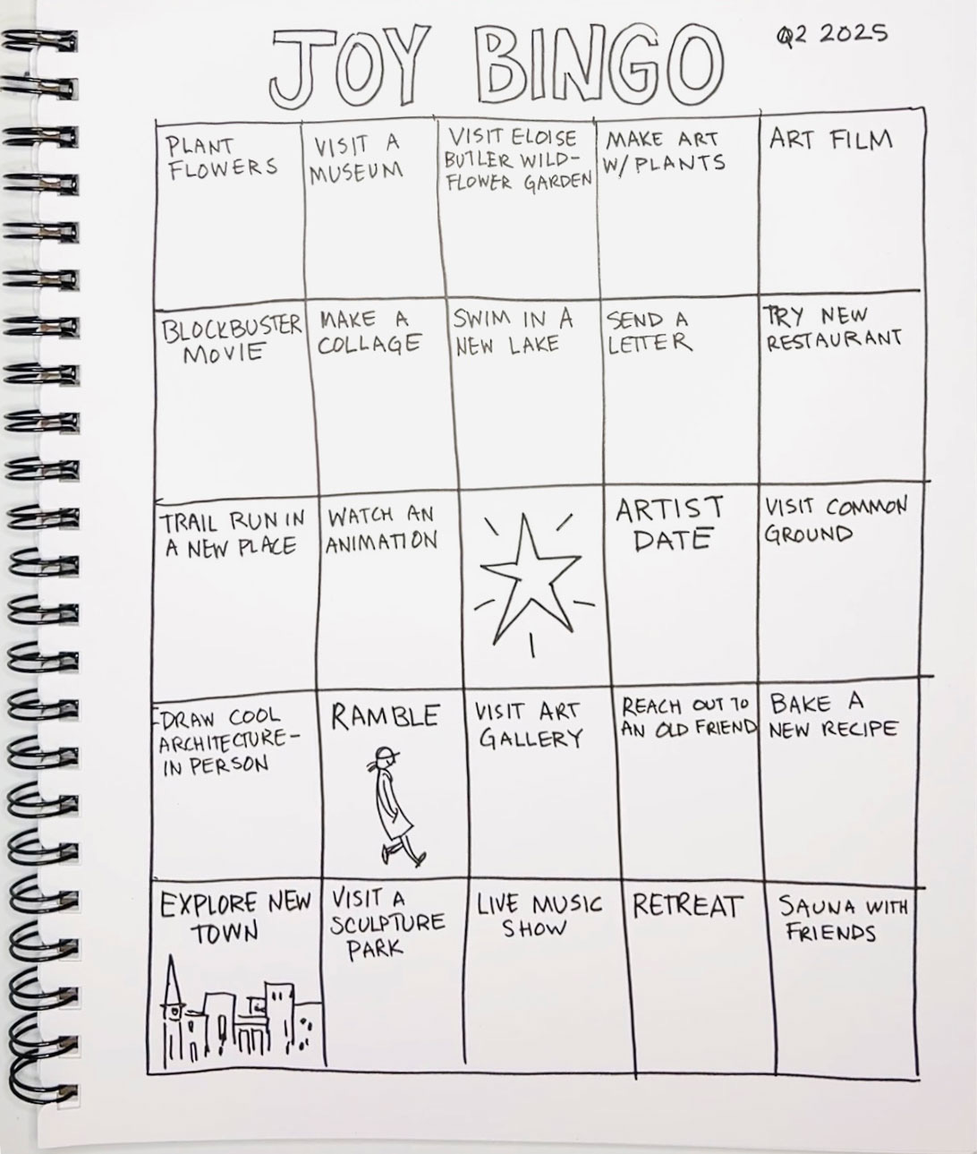 Joy bingo board with text by cartoonist K. Woodman-Maynard