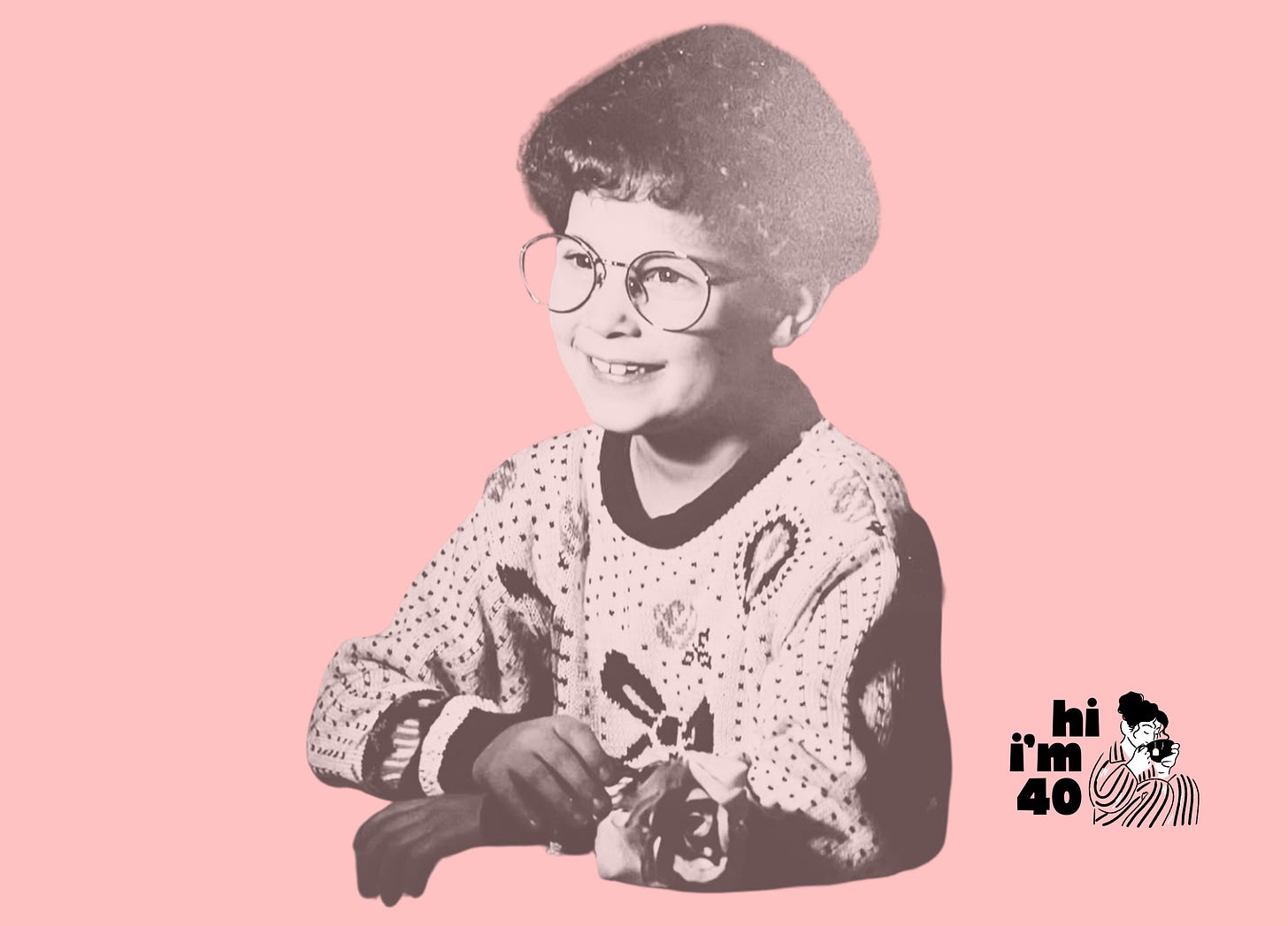 Pink and b/w graphic of Dana Miranda as a child, posing in a sweater, round glasses and a perm, probably not making eye contact with the photographer