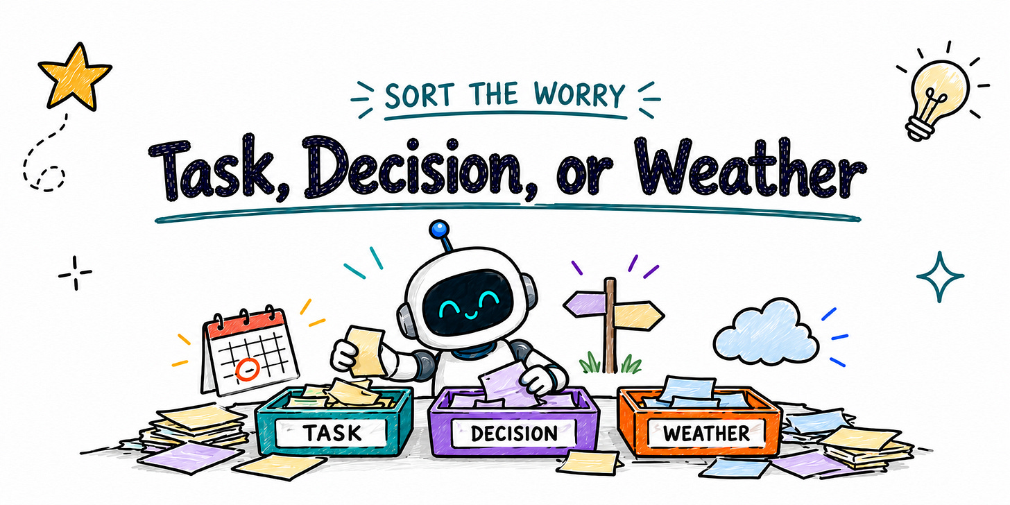 A hand drawn robot at a desk sorting a messy pile of paper notes into three trays labeled Task, Decision and Weather, under the title Task, Decision, or Weather A hand drawn robot at a desk sorting a messy pile of paper notes into three trays labeled Task, Decision and Weather, under the title Task, Decision, or Weather
