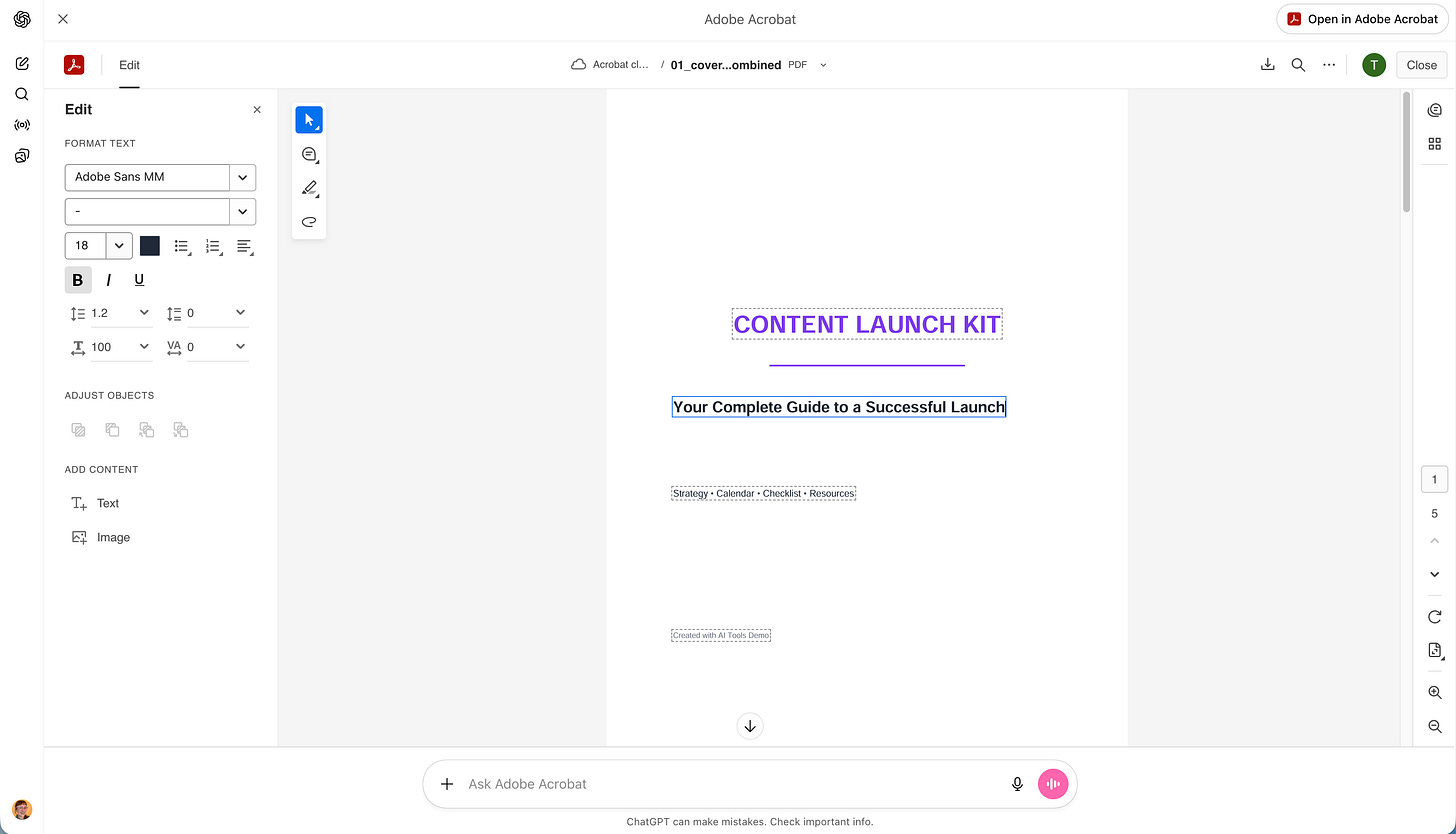 A screenshot of Adobe Acrobat inside ChatGPT showing live PDF text editing. The left panel displays font options, formatting controls, and text tools, while the main document area shows a cover page titled “CONTENT LAUNCH KIT,” with editable text fields highlighted. The editor is actively modifying the subtitle “Your Complete Guide to a Successful Launch.”