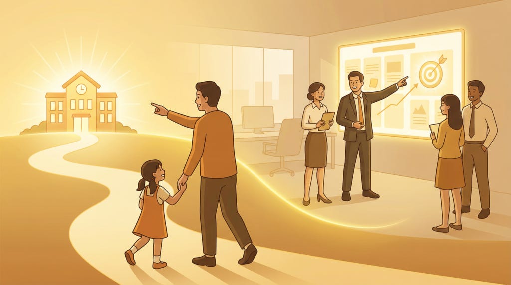 A split scene showing a father and daughter walking toward a school and a team pointing at a business target.