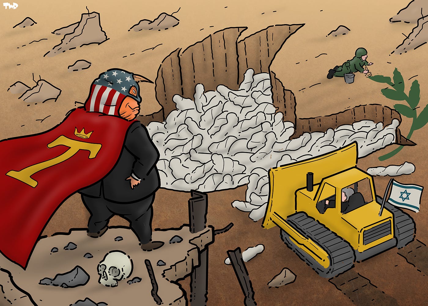 Cartoon showing Donald Trump in a superhero costume standing in a heroic pose with his arms in his sides and his cape billowing in the wind. He is standing on a ruined building, looking out over a giant pit in the shape of the dove of peace that is being filled with bodies wrapped in white sheets by a bulldozer with an Israeli flag. A soldier is painting the olive branch next to the dove-shaped hole.
