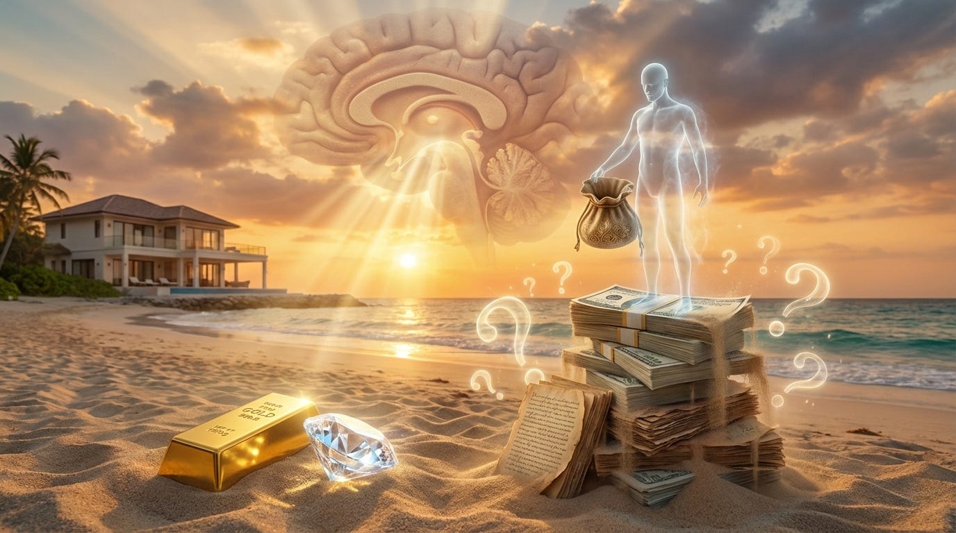 A photorealistic digital art piece containing various objects of value scattered across a beach scene: A majestic, shimmering gold bar, a glowing diamond, A ghostly human figures holding a translucent, ornate 'empty bag' and stands atop a crumbling pedestal made of stacked paper fiat currency and old manuscripts that are dissolving into sand. In the background, a vast, abstract 'brain' is visible in the clouds, projecting beams of light that create the illusion of the entire scene, like a movie. The landscape has a large luxury beach house. A photorealistic digital art piece containing various objects of value scattered across a beach scene: A majestic, shimmering gold bar, a glowing diamond, A ghostly human figures holding a translucent, ornate 'empty bag' and stands atop a crumbling pedestal made of stacked paper fiat currency and old manuscripts that are dissolving into sand. In the background, a vast, abstract 'brain' is visible in the clouds, projecting beams of light that create the illusion of the entire scene, like a movie. The landscape has a large luxury beach house.