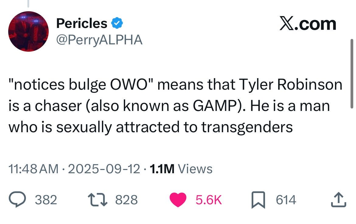 A screenshot of a social media post from X.com. The post includes a profile picture of Pericles with the username @PerryALPHA, a timestamp of 11:48 AM on 2025-09-12, and text discussing Tyler Robinson and transgender ideology. Engagement metrics show 1.1M views, 5.6K likes, 828 retweets, 828 quote tweets, and 614 replies. An X watermark is visible.