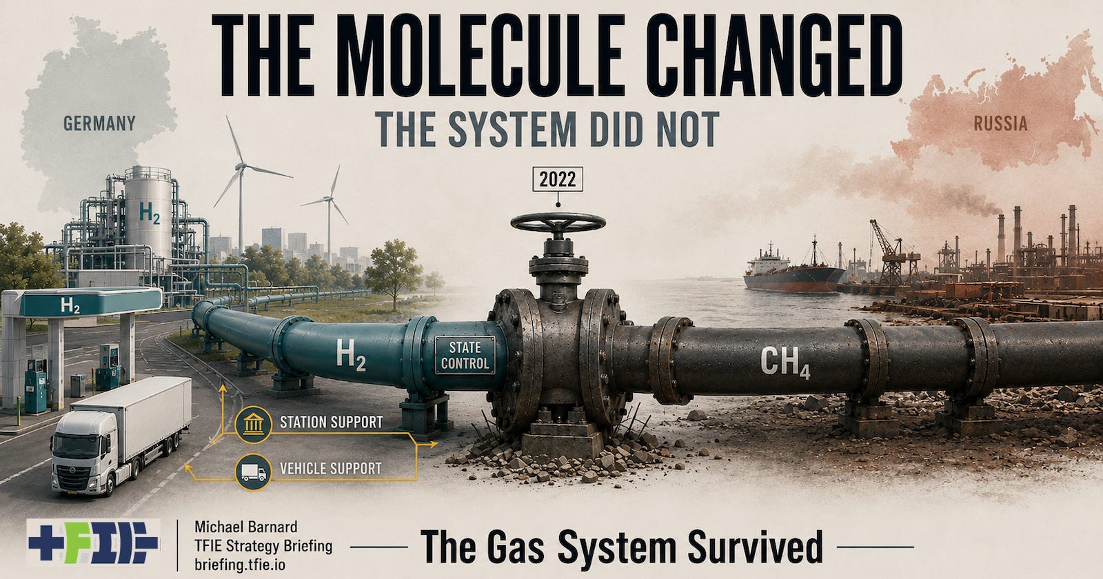 A Russian gas pipeline crosses a closed 2022 valve and continues as a subsidized German hydrogen system.