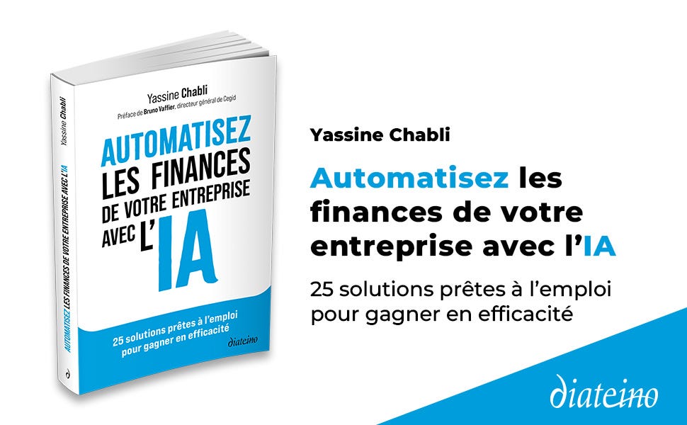 Le texte intitulé « Automatisez les finances de votre entreprise avec l'IA » montre plusieurs couvertures de livres ou de documents sur les solutions d'automatisation financière basées sur l'IA en français.