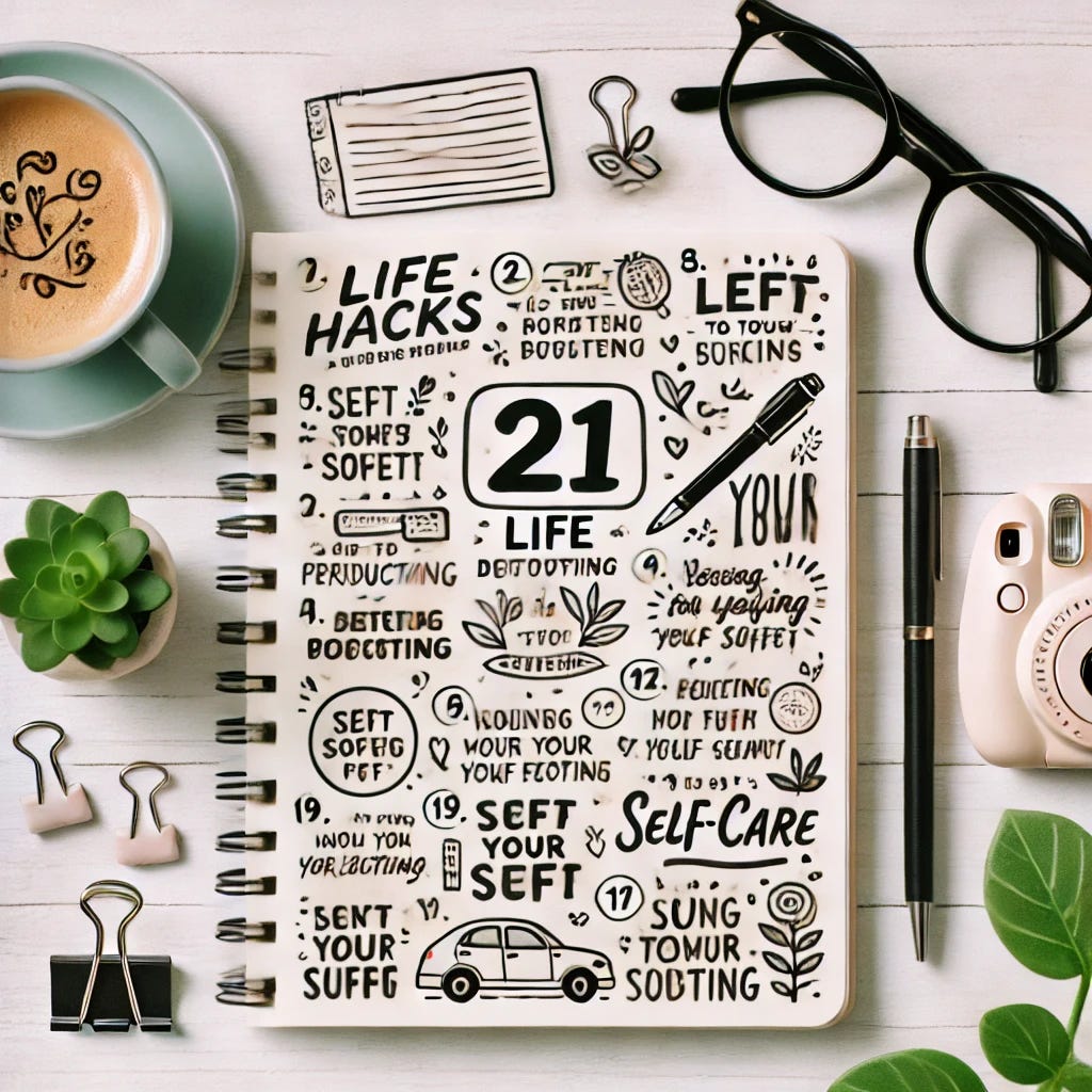 A visually appealing flat lay illustration of 21 life hacks or personal development tips written in short and simple bullet points on a neatly designed notebook page. The background includes items symbolizing productivity and self-care, such as a cup of coffee, glasses, a pen, and plants. Bright and motivational aesthetics, using soft colors like light green, white, and pastel tones.