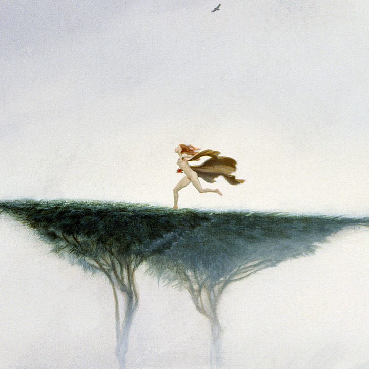 LEFT: Detail from THE END OF NATURE III featuring a redheaded woman with pale white skin running naked across flat top trees. As she leans forward in a sprint, one foot is planted while the other is fully off the ground. A brown cloak flaps behinds her. RIGHT: Close detail from THE END OF NATURE featuring a redheaded woman running naked across flat top trees. In her right hand, she clutches a red glass heart.
