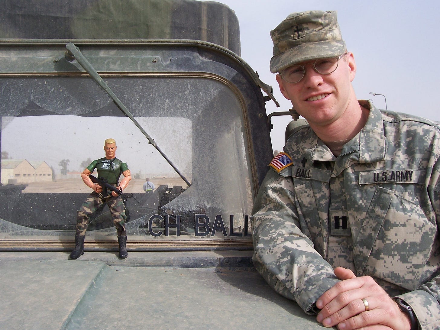 Bosnia Bob takes a break with Chaplain Lt. Col. Douglas Ball II by their Humvee during their deployment to Iraq in February 2006. Bob is the traveling companion of 1st Armored Division Chaplain Lt. Col. Douglas Ball II. Photos with Bob over their 17 years and six deployments together helped make the separation more lighthearted for Ball’s children. 