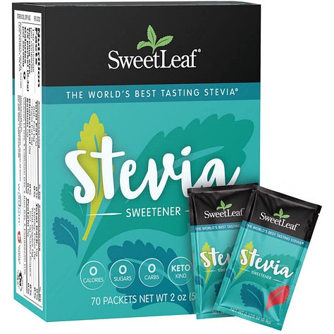Several brands of highly processed Stevia from online food retailers.