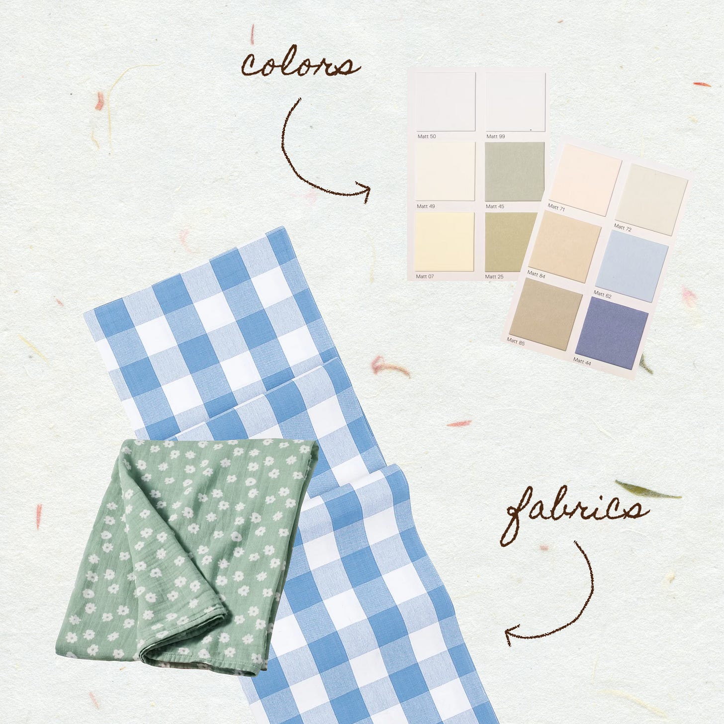 A green floral square of fabric slightly covers a larger swatch of blue gingham fabric. Diagonally above the fabric are two swatches of pastel spring color palettes.