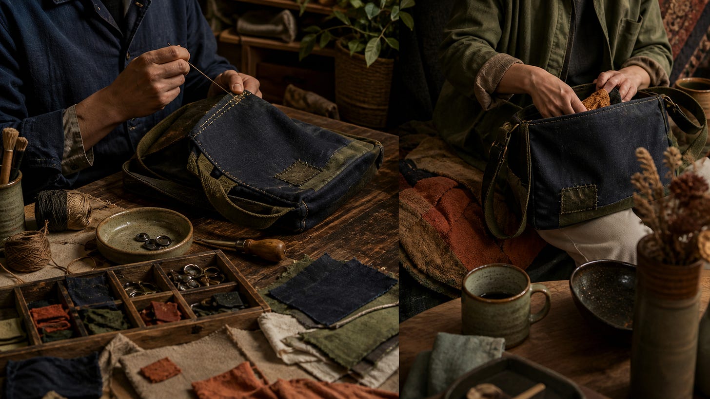 Two craftspeople repairing handmade patchwork bags at a table with fabric, thread and tools
