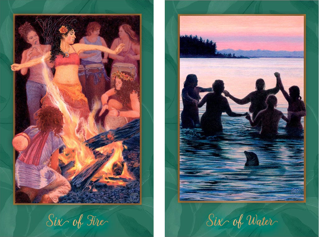 Gaian Tarot Six of Fire and Six of Water. Art by JPC.