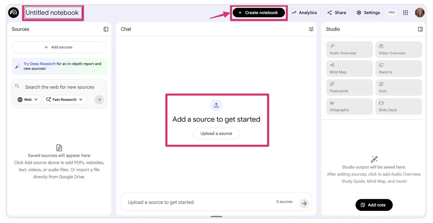 Screenshot of NotebookLM's new notebook interface showing "Untitled notebook" field at top left with "+ Create notebook" butt