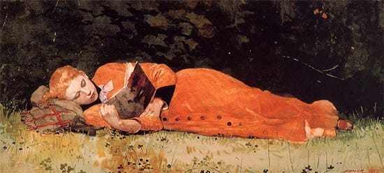 The New Novel, watercolor, Winslow Homer watercolor of young woman reading a book Winslow Homer