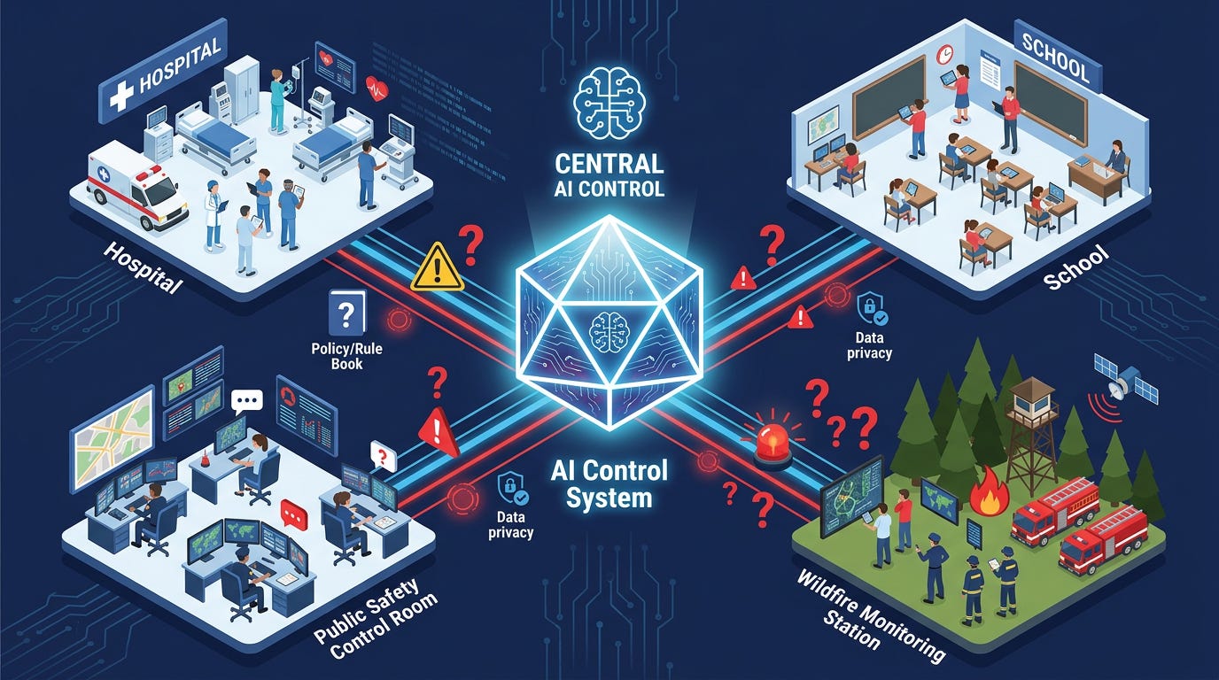 Flat isometric illustration of a glowing AI control system positioned at the center of a hospital, school, wildfire monitoring station and public safety control room, each connected to the same AI system, small human figures monitoring decisions from surrounding workstations, warning symbols and question marks appearing around the connections, dark navy background, clean vector art style, bold red, blue and white accents, modern technology policy editorial aesthetic Flat isometric illustration of a glowing AI control system positioned at the center of a hospital, school, wildfire monitoring station and public safety control room, each connected to the same AI system, small human figures monitoring decisions from surrounding workstations, warning symbols and question marks appearing around the connections, dark navy background, clean vector art style, bold red, blue and white accents, modern technology policy editorial aesthetic