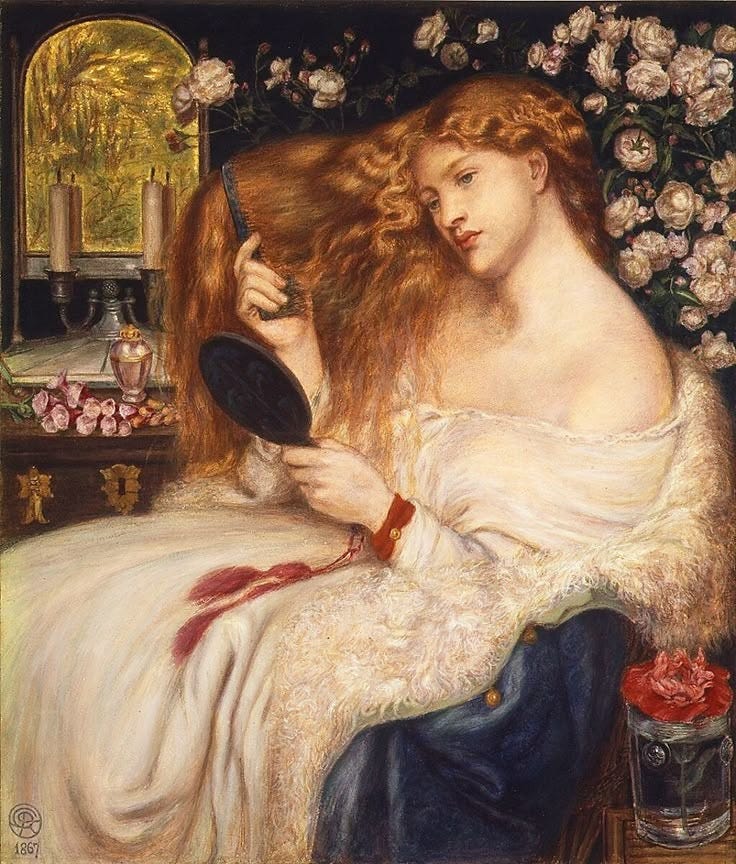 This may contain: a painting of a woman brushing her hair with a brush and mirror in front of flowers