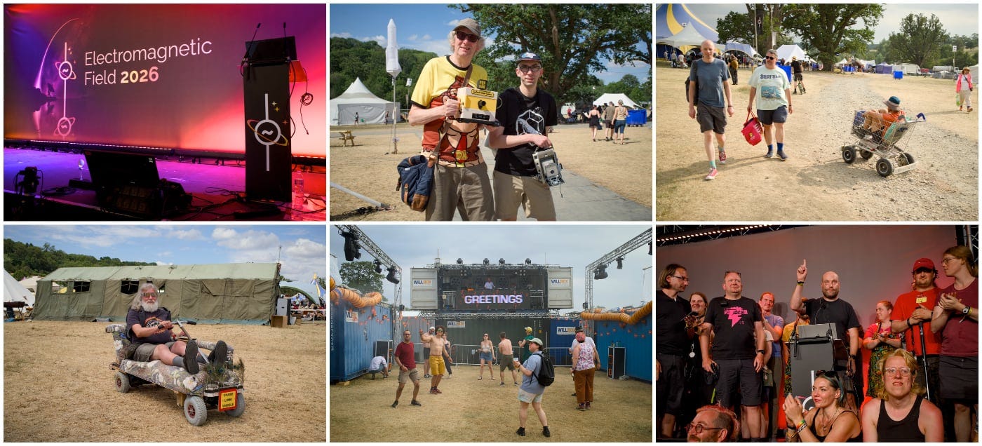 A montage of some scenes from emf camp. Weird vehicles, people dancing and people with weird cameras.