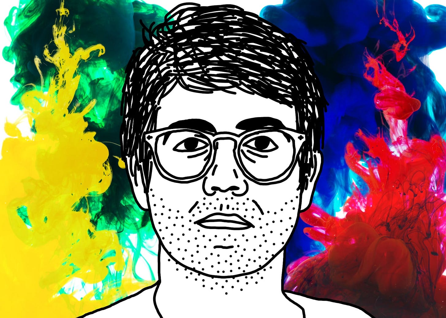 A black line drawing of Alex, the protagonist of "I Hear You Watching." He is white, short messy parted hair, glasses. He stares straight at you, unsmiling. He has a five-o’clock shadow and bags under his eyes. Behind him are drops of yellow, green, blue, and red ink billowing and expanding in water. A black line drawing of Alex, the protagonist of "I Hear You Watching." He is white, short messy parted hair, glasses. He stares straight at you, unsmiling. He has a five-o’clock shadow and bags under his eyes. Behind him are drops of yellow, green, blue, and red ink billowing and expanding in water.