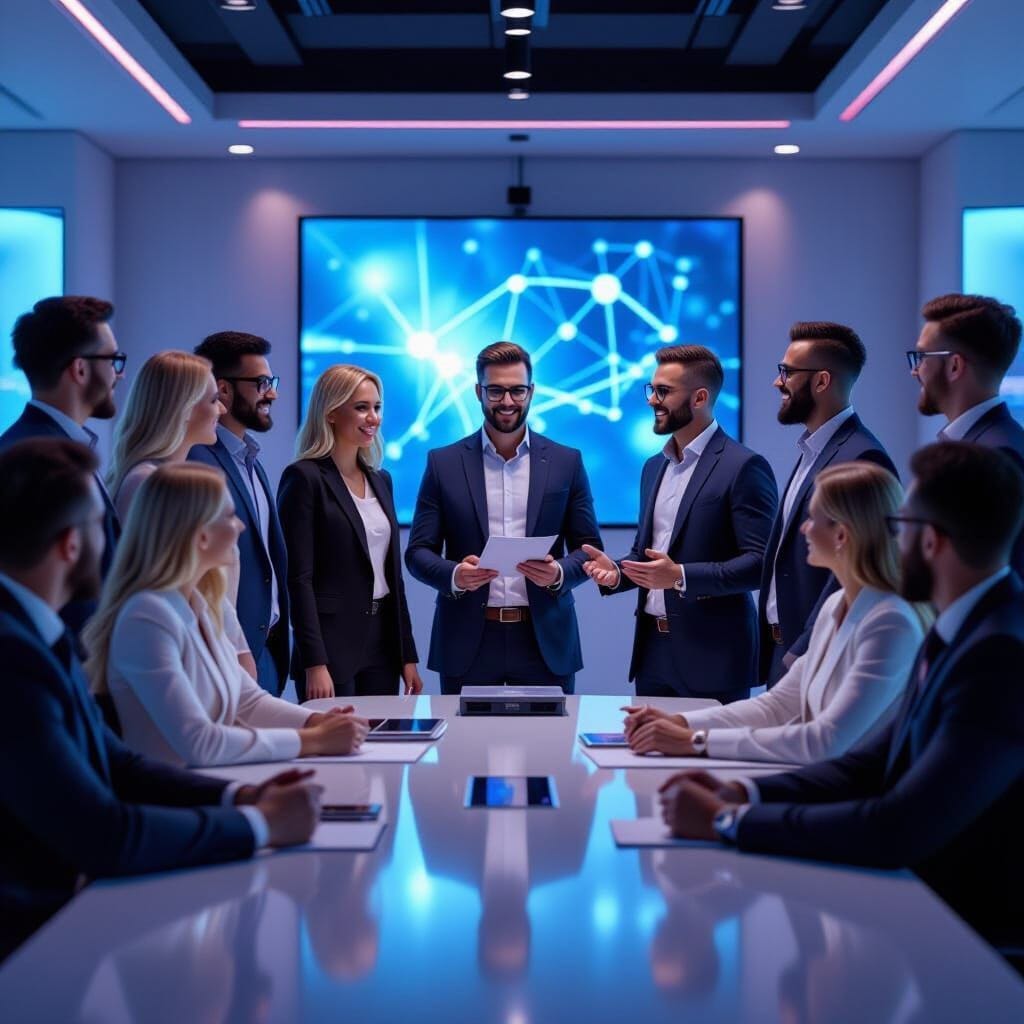 "Consulting team presenting quantum platform selection guidelines to diverse audience, professional presentation environ...