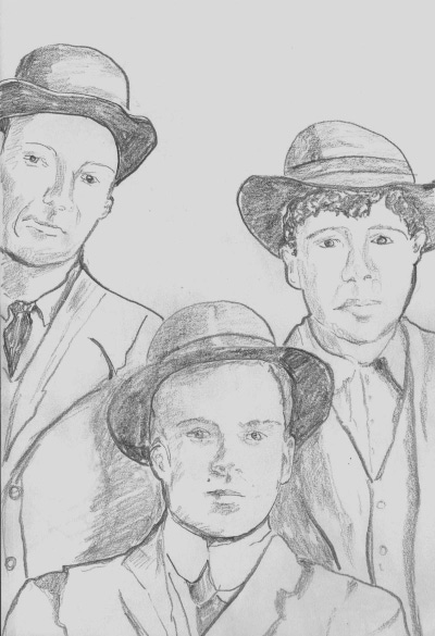 A monotone portrait of three gentlemen from the late thirties, staring directly at the viewer.