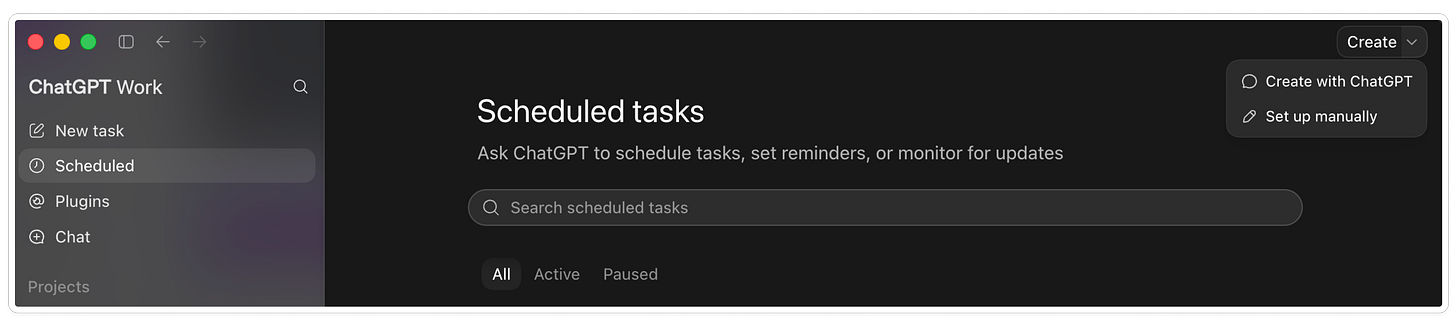 ChatGPT Work Scheduled tasks page with the Create dropdown open, showing the options to create with ChatGPT or set up manually.