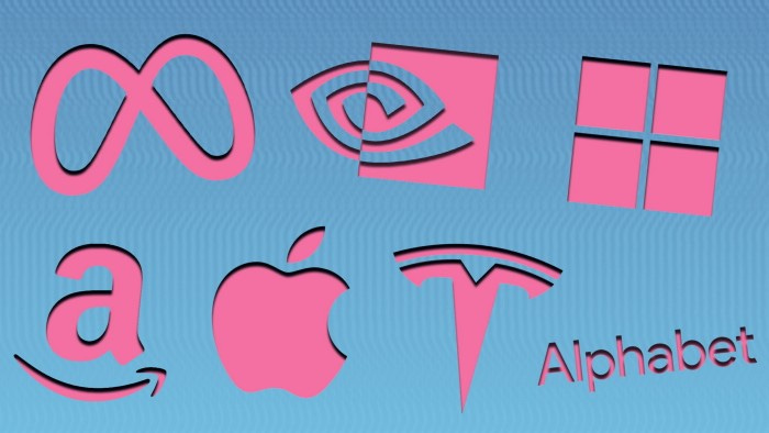 Montage des logos d'Alphabet, Amazon, Apple, Meta, Microsoft, Nvidia et Tesla en rose, sur fond bleu