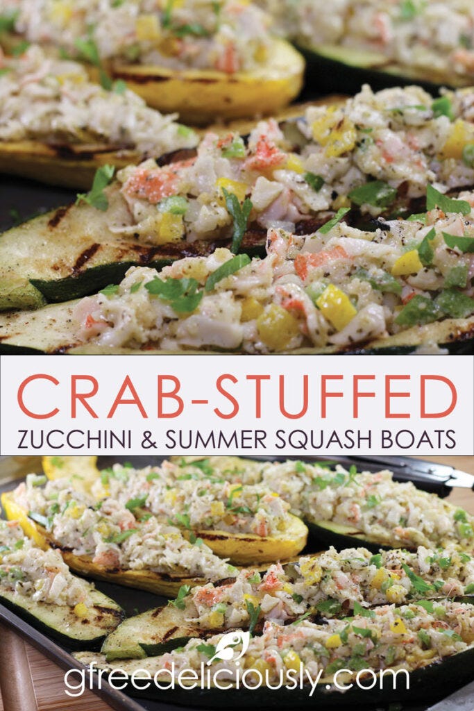 Pinterest image of Crab-Stuffed Zucchini and Summer Squash Boats fresh from the grill on a tray.