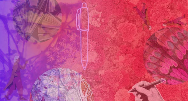 Purple-and-red collage of an open book, a pen, and a walking older woman — on what case studies leave out and what novels hold.