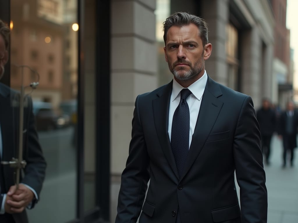 A man is walking downtown and angry because he's afraid and doesn't know why.