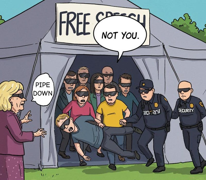 A woman telling someone to pipe down outside a tent labeled, 'Free Speech', while two security guards remove him forcibly.