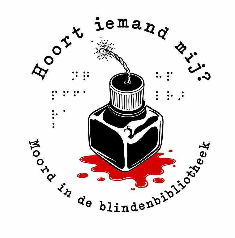 artwork van de De Inktpodcast: een potje met inkt met daarin een lont die aangestoken is. Eronder ligt een rode plas bloed. In typemachine lettertype staat om de intpot heen: Hoort iemand mij? Moord in de blindenbibliotheek
