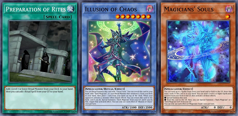 Three Yu-Gi-Oh! cards: "Preparation of Rites," "Illusion of Chaos," and "Magicians' Souls." Each features magical themes and descriptions.