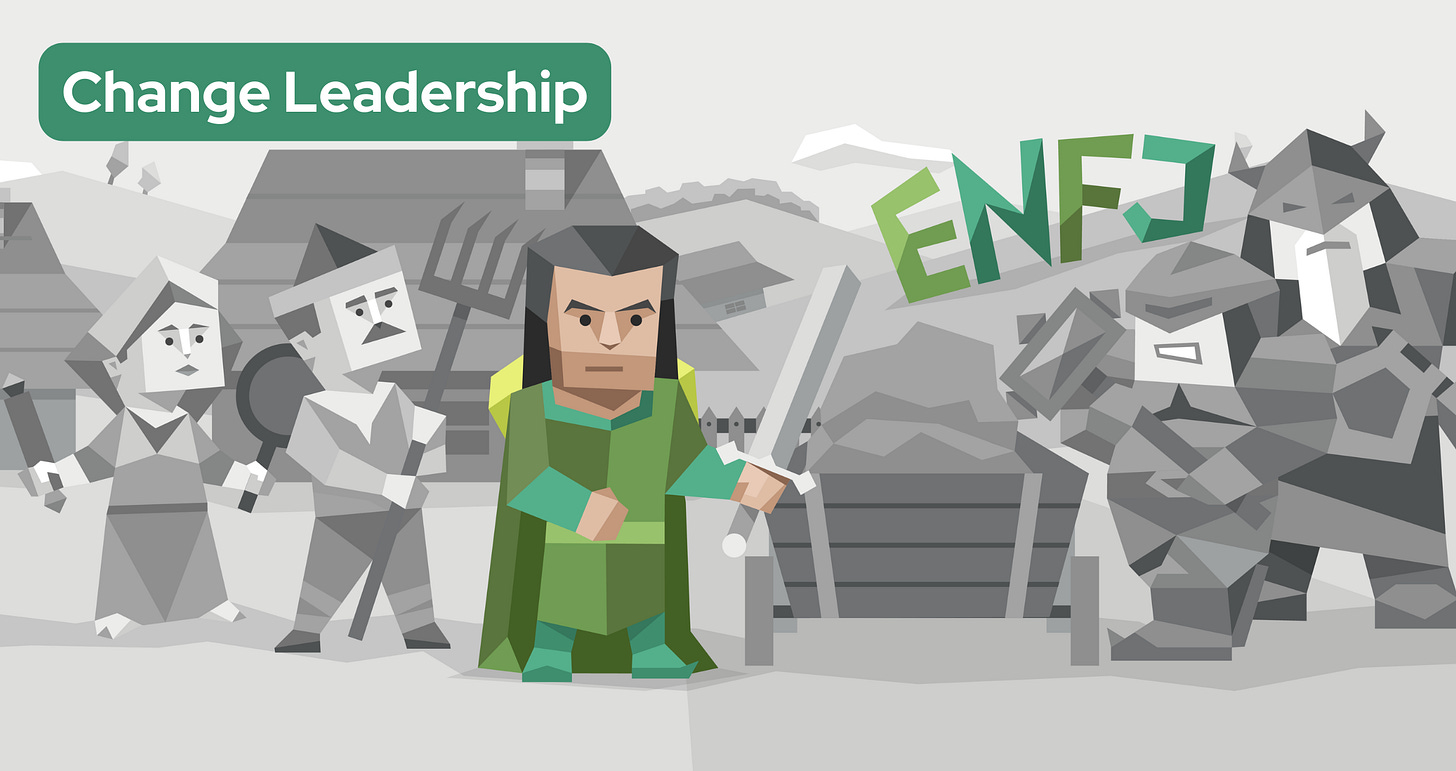 An ENFJ warrior stands confidently in a medieval village. He is clad in a green robe and wielding a sword as he faces off against grayscale armored opponents. Behind him are two grayscale villagers looking concerned and armed with makeshift weapons. To the right, the letters “ENFJ” are prominently displayed in green.