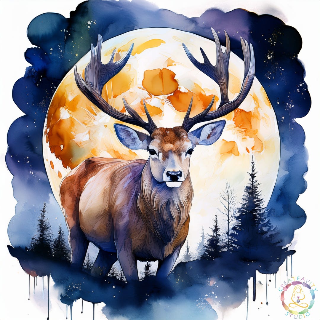 Buck Full Moon - watercolour AI generative image of a buck deer against a moon with a night sky - CreaTEAvity Studio