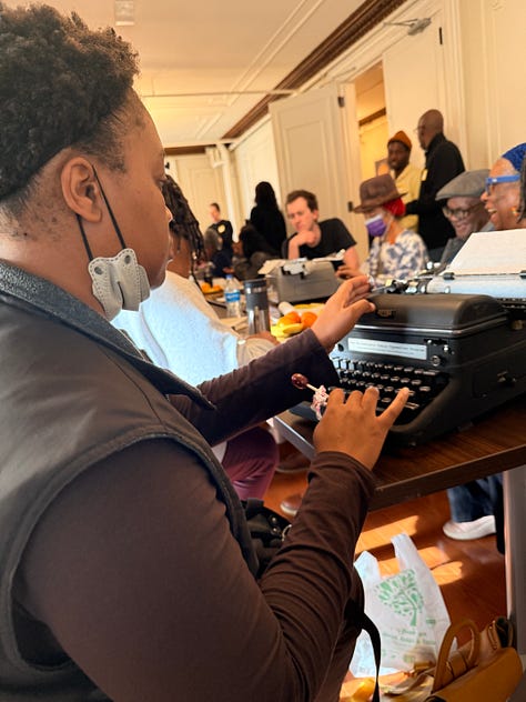 photos of Black people on typewriters at a community workshop