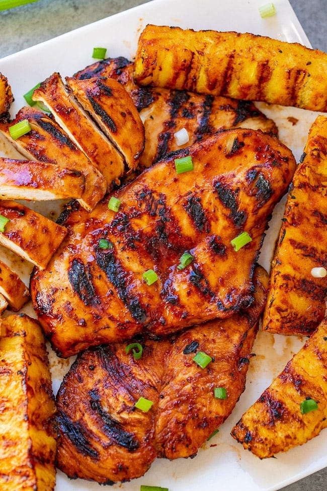 Hawaiian Grilled Chicken and Pineapple — Transports you to Hawaii with every bite of this tender, juicy chicken and the grilled pineapple seals the deal!! EASY, HEALTHY, ready in 10 minutes, and perfect for summer parties, barbecues, and casual weeknight dinners!! Hawaiian Grilled Chicken and Pineapple — Transports you to Hawaii with every bite of this tender, juicy chicken and the grilled pineapple seals the deal!! EASY, HEALTHY, ready in 10 minutes, and perfect for summer parties, barbecues, and casual weeknight dinners!!