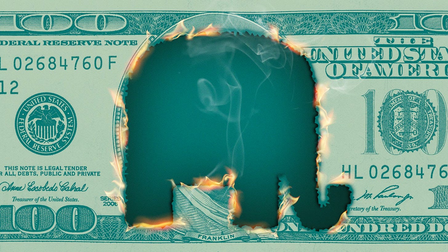 Illustration of a hundred dollar bill burned in the shape of the GOP elephant.