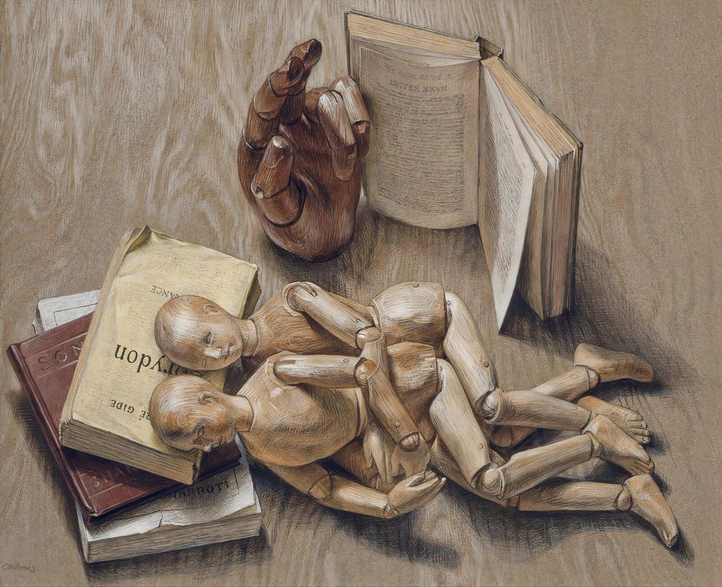Softly colored painting of a tabletop adorned with books, a wooden sculpture of a hand, and a pair of small, wooden mannequins embracing each other Softly colored painting of a tabletop adorned with books, a wooden sculpture of a hand, and a pair of small, wooden mannequins embracing each other