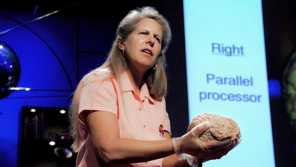 Dr. Taylor presenting her TED Talk, explaining how the right hemisphere functions like a parallel processor in a computer.