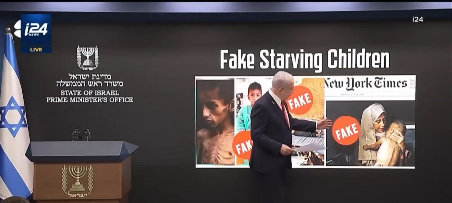 Fugitive war criminal Netanyahu at a conference for international journalists, pointing to a New York Times article about Mohammed Zakariya—labeled “Fake.” August 10, 2025.
