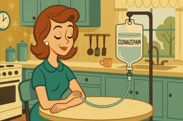 Descrição (alt-text): Ilustração em estilo retrô de uma mulher com expressão serena, sentada em uma cozinha dos anos 1950. Ela está conectada a um soro intravenoso com um frasco rotulado "CLONAZEPAM", sugerindo uma crítica humorística ou irônica ao uso de medicamentos para lidar com o estresse do dia a dia. A cozinha tem tons pastéis e utensílios pendurados na parede, reforçando o clima nostálgico e doméstico.