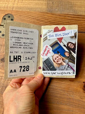 The first page of a Zine: my plane ticket stub and a photo of me with 2 friends outside "the blue door" from the movie Notting Hill. The first page of a Zine: my plane ticket stub and a photo of me with 2 friends outside "the blue door" from the movie Notting Hill.