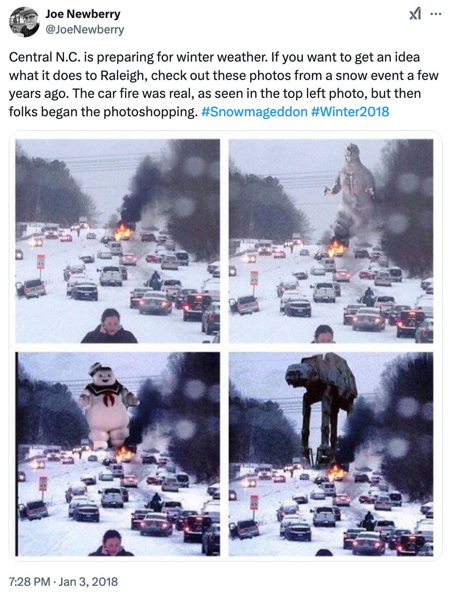 Central N.C. is preparing for winter weather. If you want to get an idea what it does to Raleigh, check out these photos from a snow event a few years ago. The car fire was real, as seen in the top left photo, but then folks began the photoshopping. #Snowmageddon #Winter2018