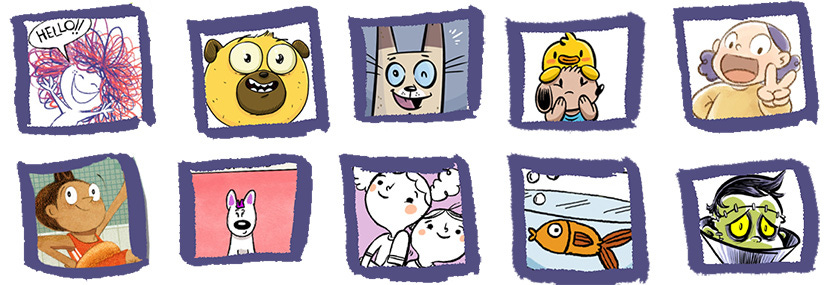  Mean Mosquito by Tom Eaton. Nina by Izzy Boyce-Blanchard. Third row: Doodle by Kelly Light, Bark Star by Dan and Jason, Kathy by Ashley Blender, Pup and Duck by Dave Roman, Kiri by Alice Chu. Fourth row: Roberta by Isabel Roxas, Olilu Tails by Nicki Shaw, Oh Brother by Sam Wedelich, Half Full by Maria Scrivan, Peter Cadaver by Stan Yan.