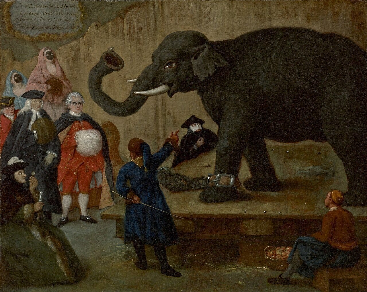 The Display of the Elephant by Pietro Longhi: an elephant shown to Venetians in winter clothes and carnival masks The Display of the Elephant by Pietro Longhi: an elephant shown to Venetians in winter clothes and carnival masks