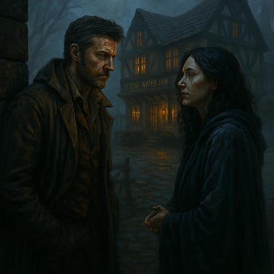 Fleetwood, visually inspired by Richard Armitage, is talking with Clarion, visually inspired by Gwendolyne Christie but with black hair, in the courtyard of the Blue Water Inn in Vallaki. The morning mist curls around the cobblestones, and the inn's stone walls rise behind them. Fleetwood stands with arms folded, his expression thoughtful, while Clarion gestures subtly, her armor catching the soft light. The atmosphere is quiet, cinematic, and filled with tension between two allies sharing a private moment. Fleetwood, visually inspired by Richard Armitage, is talking with Clarion, visually inspired by Gwendolyne Christie but with black hair, in the courtyard of the Blue Water Inn in Vallaki. The morning mist curls around the cobblestones, and the inn's stone walls rise behind them. Fleetwood stands with arms folded, his expression thoughtful, while Clarion gestures subtly, her armor catching the soft light. The atmosphere is quiet, cinematic, and filled with tension between two allies sharing a private moment.