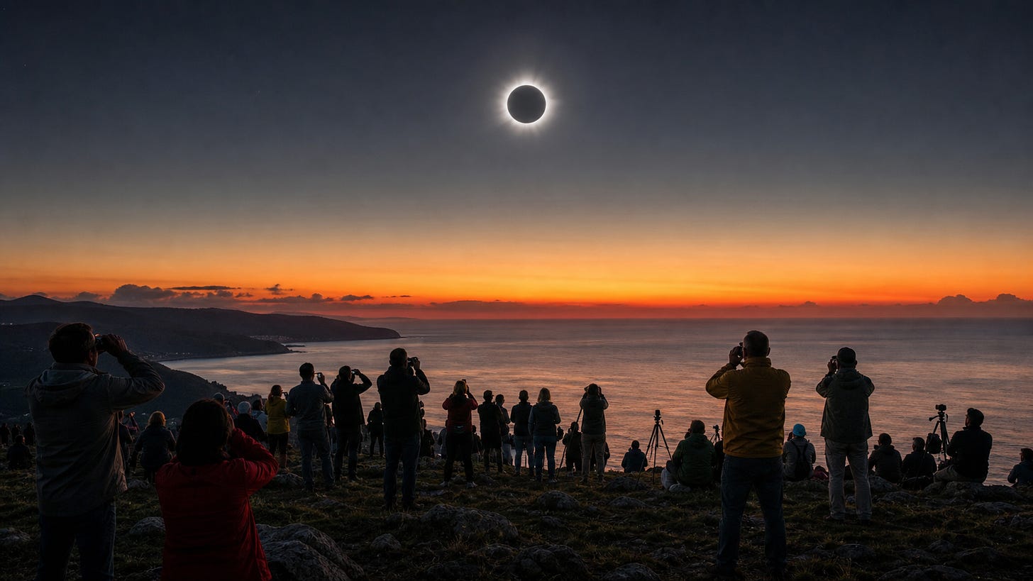 grupo de personas sobre una colina, el mar al fondo y el eclipse en su punto total sobre sus cabezas grupo de personas sobre una colina, el mar al fondo y el eclipse en su punto total sobre sus cabezas